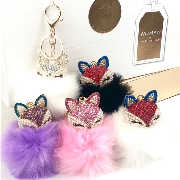 🛍️ Fox Pom W/Rhinestone Keychain Charm Keyring - Picture 6 of 6